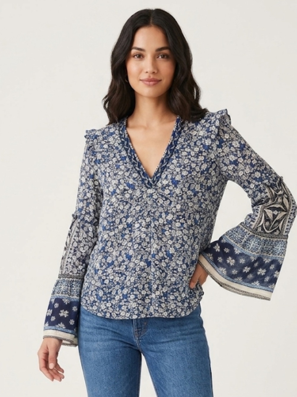 Hale Bob Silk Floral V Neck Bell Sleeve Blouse Size XS